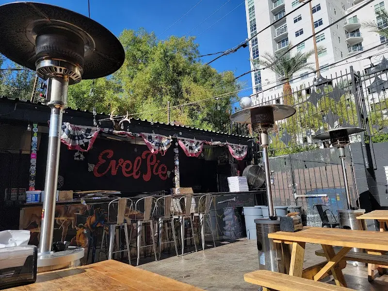 Evel Pie's punk rock atmosphere with Evel Knievel memorabilia